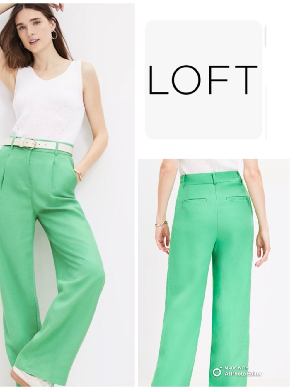 LOFT Peyton Linen Wide-Leg High-Rise Pants in Bright Green (Juicy Lime)